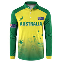 Australia themed yellow and green long-sleeve button sweatshirt with chest kangaroo and flag