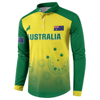Australia themed yellow and green long-sleeve button sweatshirt with AUSTRALIA chest print