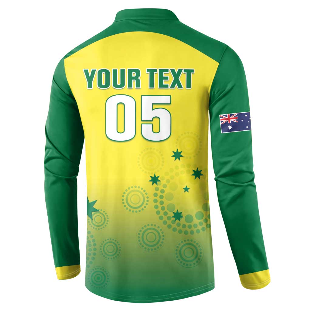 Yellow and green long-sleeve button sweatshirt back with 'YOUR TEXT 05' and flag patch