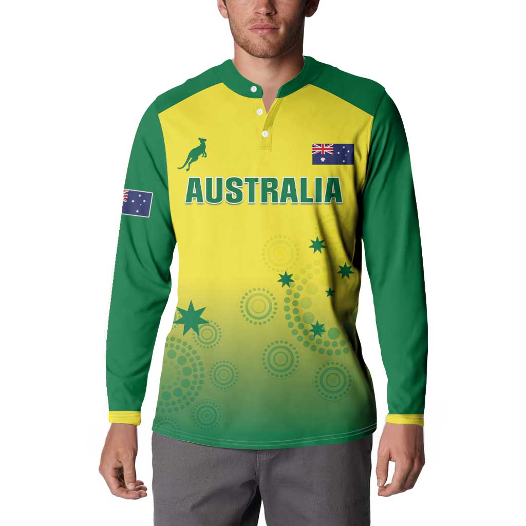 Australia themed yellow and green long-sleeve button sweatshirt with AUSTRALIA chest logo