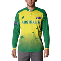Australia themed yellow and green long-sleeve button sweatshirt with AUSTRALIA chest logo