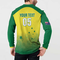 Yellow and green long-sleeve button sweatshirt back view with 'YOUR TEXT 05' print