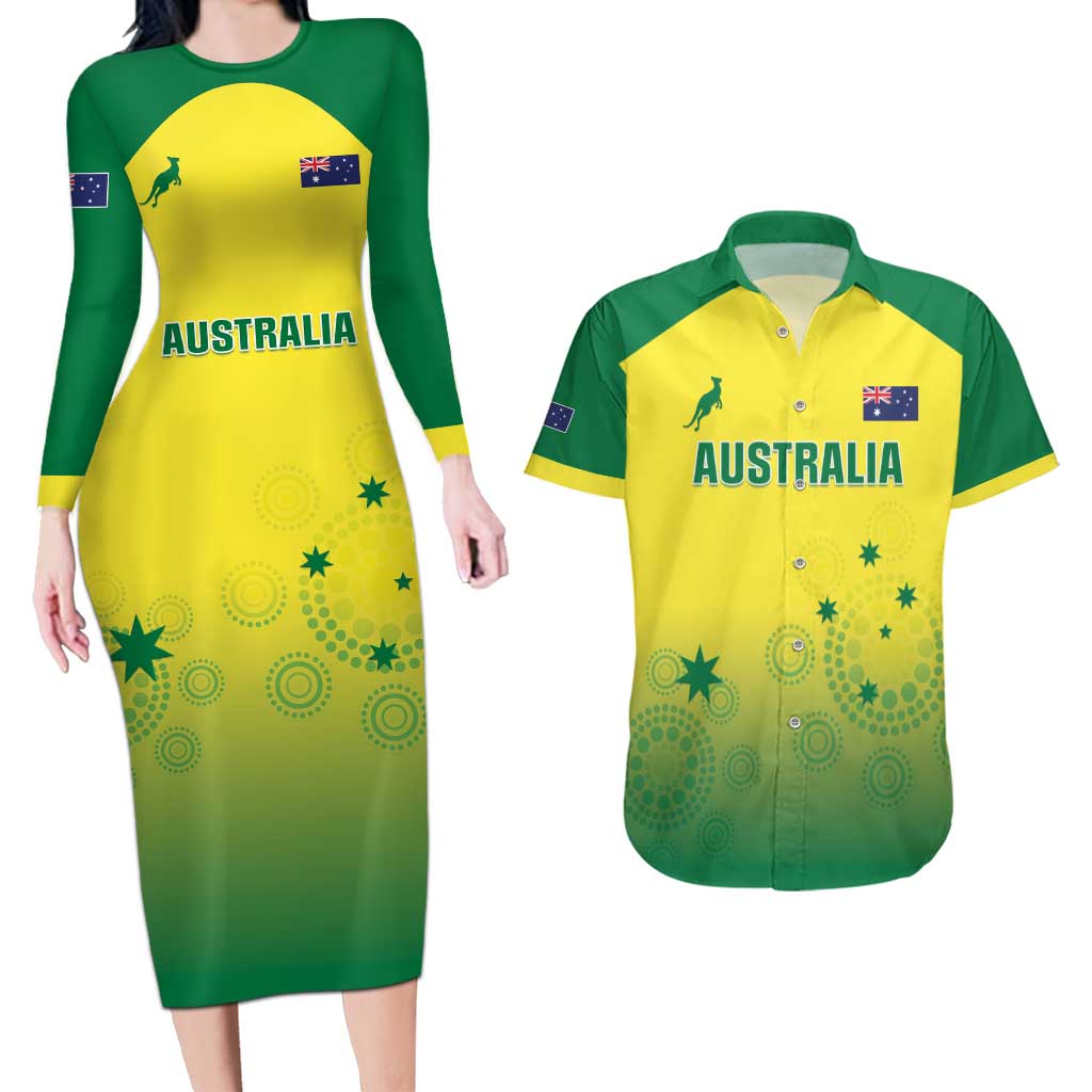 Custom Australia Cricket Couples Matching Long Sleeve Bodycon Dress and Hawaiian Shirt Go Champions Aussies LT05 - Wonder Print Shop