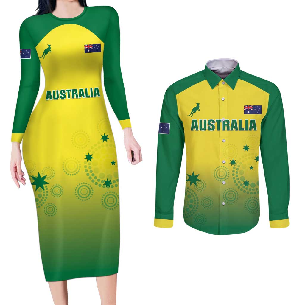 Custom Australia Cricket Couples Matching Long Sleeve Bodycon Dress and Long Sleeve Button Shirt Go Champions Aussies LT05 - Wonder Print Shop