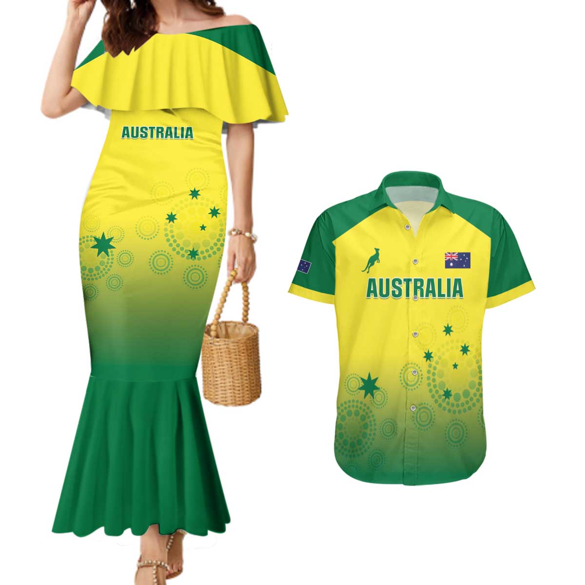 Custom Australia Cricket Couples Matching Mermaid Dress and Hawaiian Shirt Go Champions Aussies LT05 - Wonder Print Shop