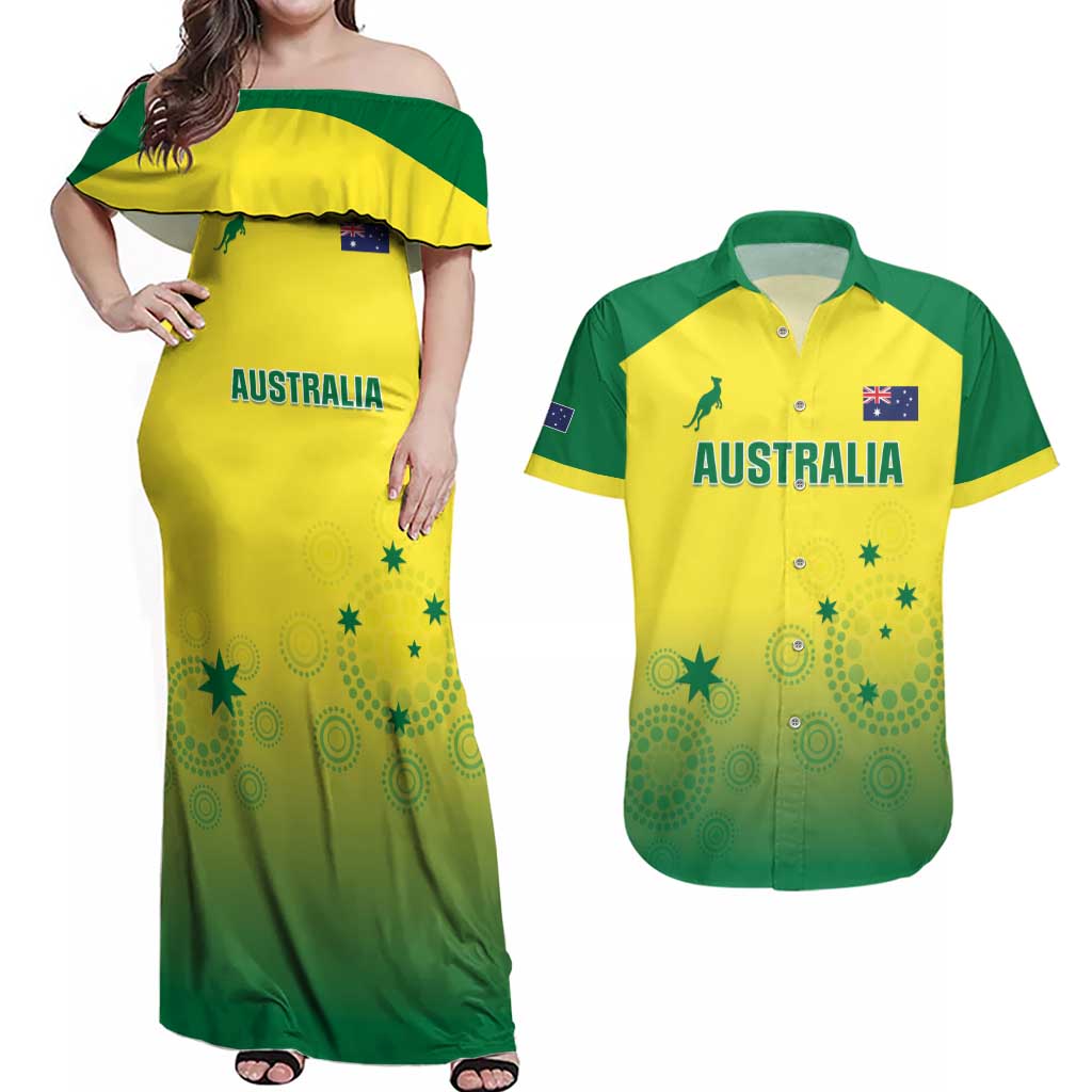 Custom Australia Cricket Couples Matching Off Shoulder Maxi Dress and Hawaiian Shirt Go Champions Aussies LT05 - Wonder Print Shop