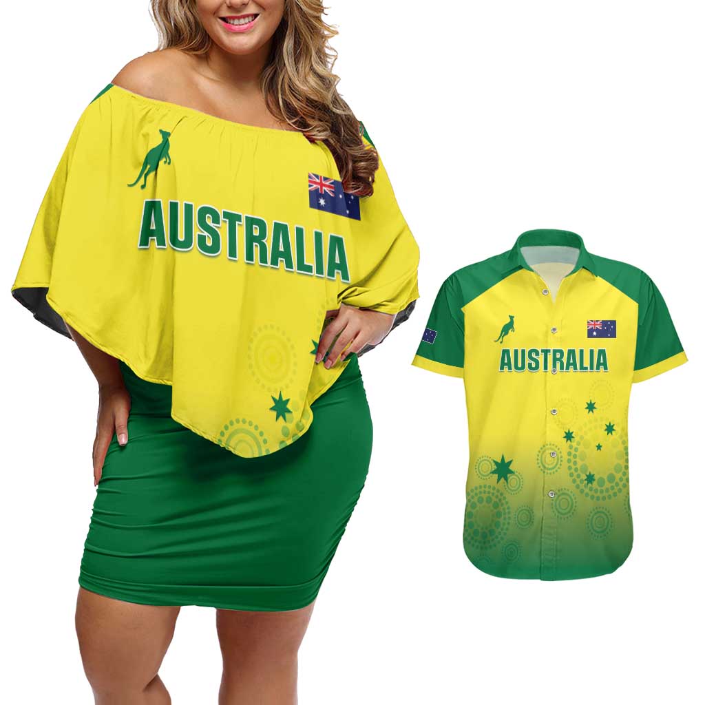 Custom Australia Cricket Couples Matching Off Shoulder Short Dress and Hawaiian Shirt Go Champions Aussies LT05 - Wonder Print Shop