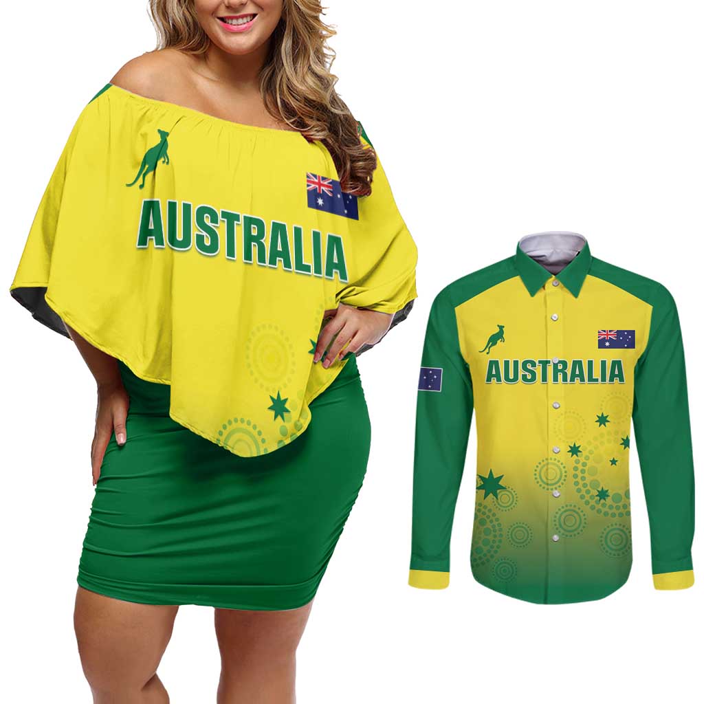 Custom Australia Cricket Couples Matching Off Shoulder Short Dress and Long Sleeve Button Shirt Go Champions Aussies LT05 - Wonder Print Shop