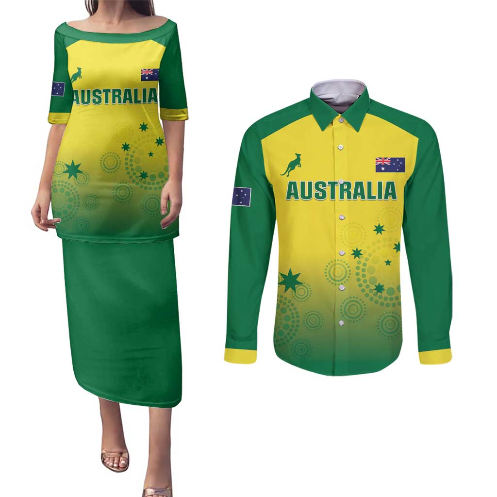 Custom Australia Cricket Couples Matching Puletasi and Long Sleeve Button Shirt Go Champions Aussies LT05 - Wonder Print Shop