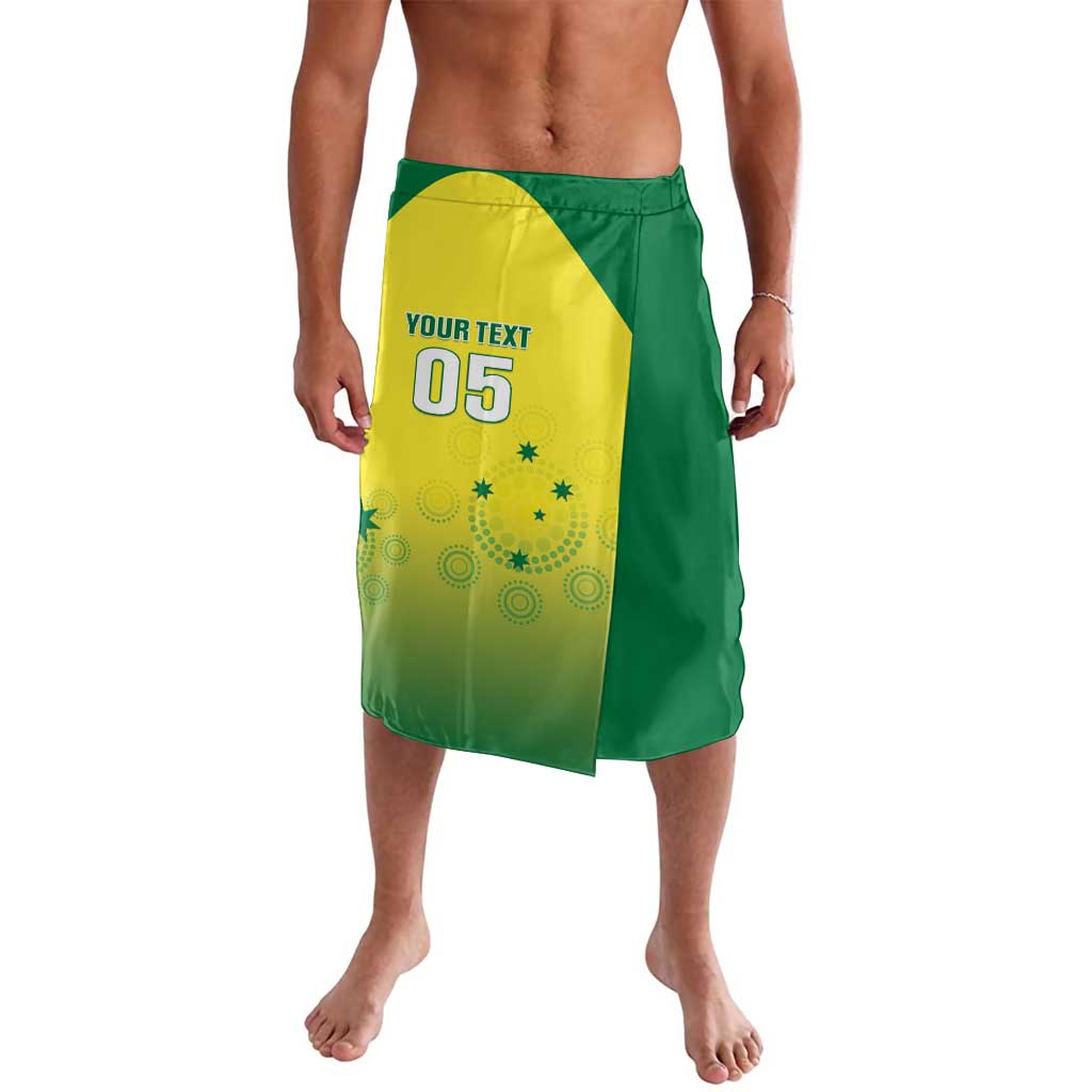 Custom cricket lavalava with green wrap style and yellow side panel, “05” print
