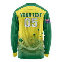 Green and yellow long-sleeve cricket jersey back with YOUR TEXT and 05, flag badge