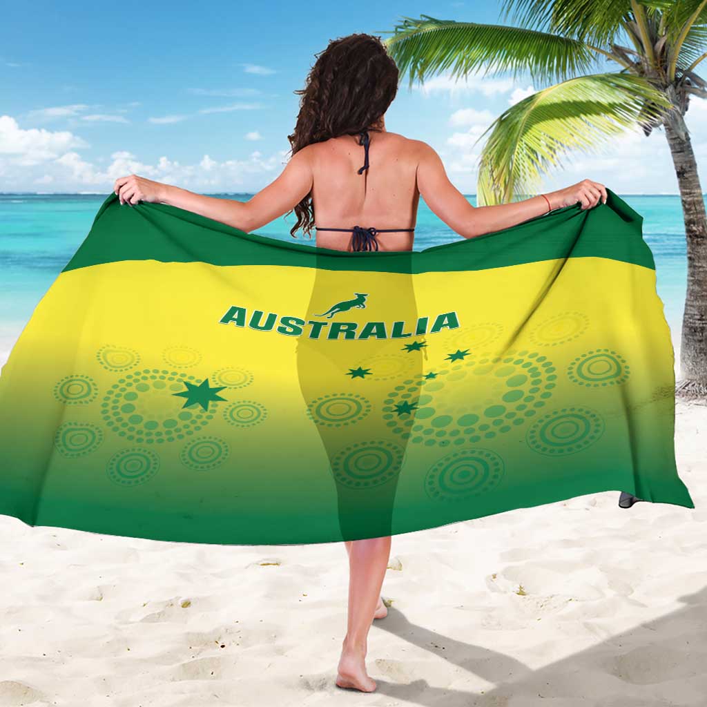 Australia-themed sarong, green-and-yellow flag print with 'AUSTRALIA' text on back