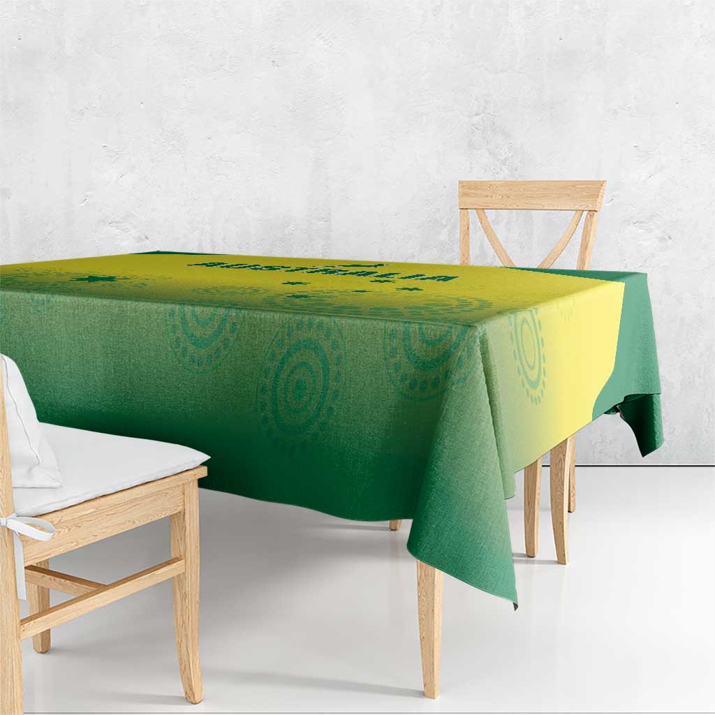 Corner view of green and yellow cricket tablecloth with decorative circular pattern