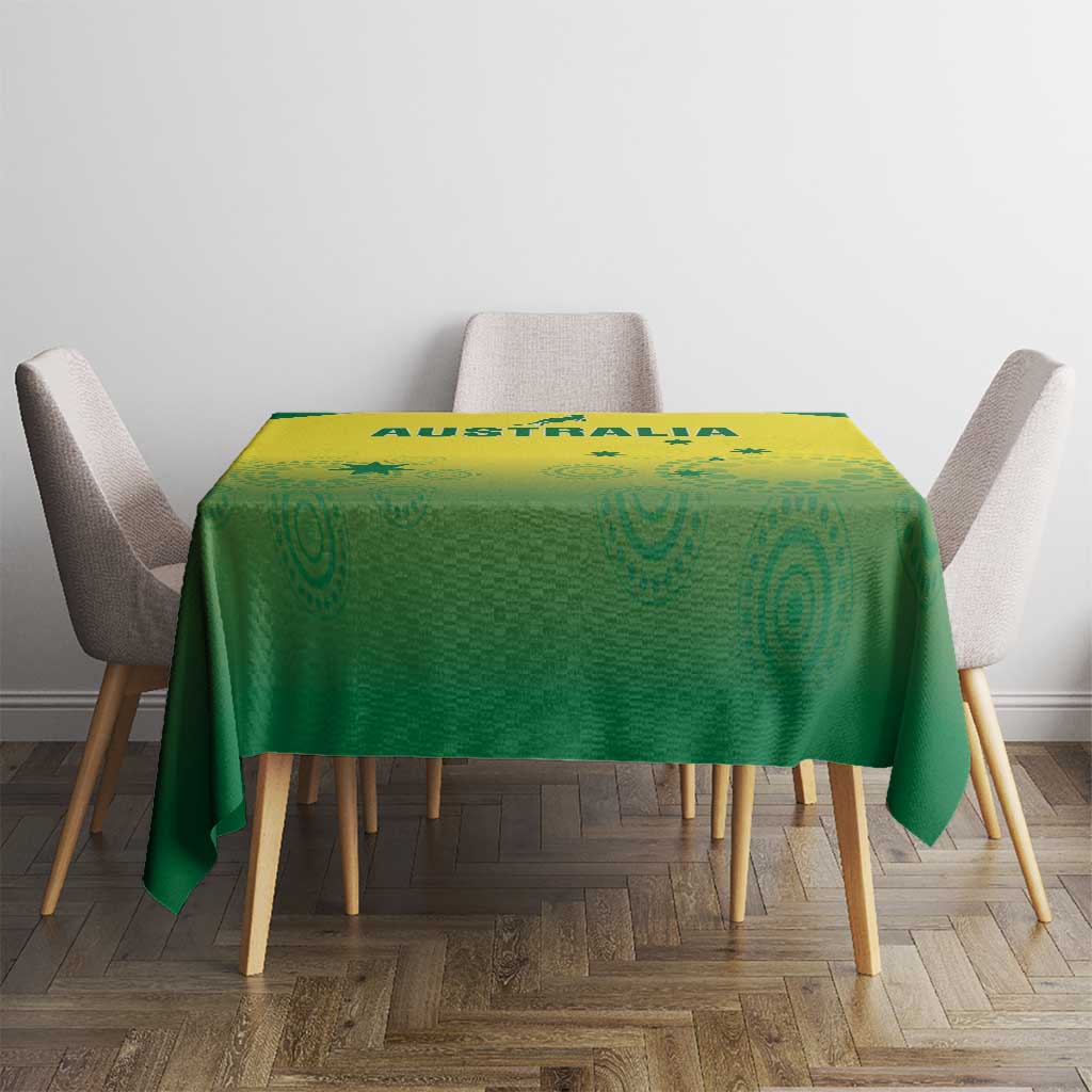 Rectangular green and yellow tablecloth with Australia design across the top