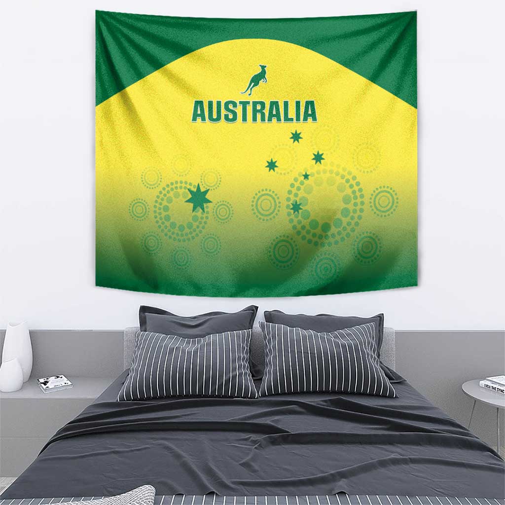 Australia flag tapestry wall hanging, green and yellow with kangaroo, “AUSTRALIA” and stars