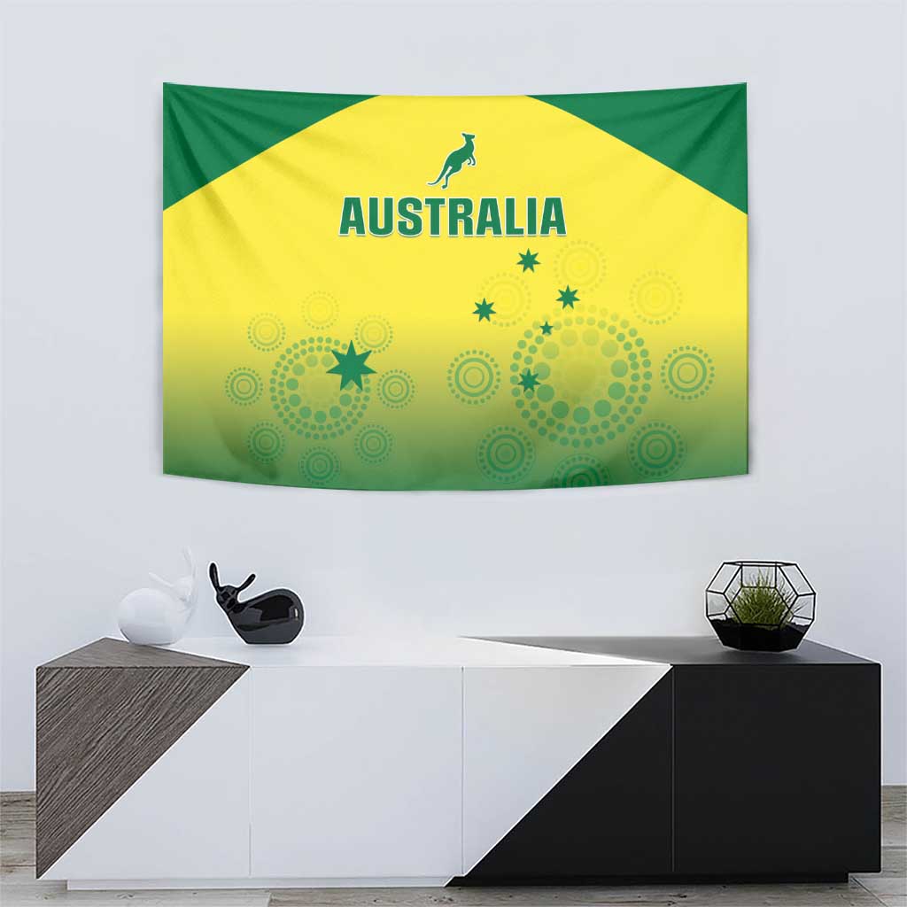 Australia flag tapestry with green-yellow design, kangaroo emblem, “AUSTRALIA” and starburst