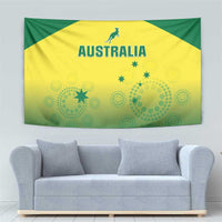 Green and yellow Australia themed tapestry featuring “AUSTRALIA” text, kangaroo and stars