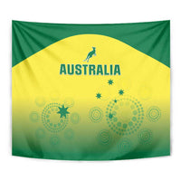Framed view Australia flag tapestry, green-yellow with kangaroo logo, “AUSTRALIA” and stars