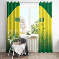 Green and yellow Australia flag print window curtains with bold text and star accents