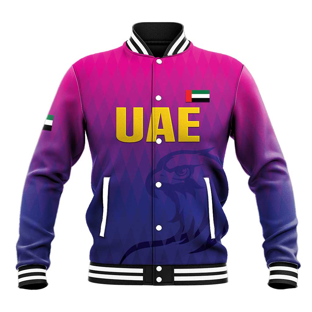 Purple varsity baseball jacket with snap buttons, striped collar, UAE gold graphic