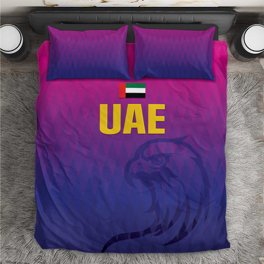 Purple and navy UAE cricket themed bedding set with duvet and two matching pillowcases