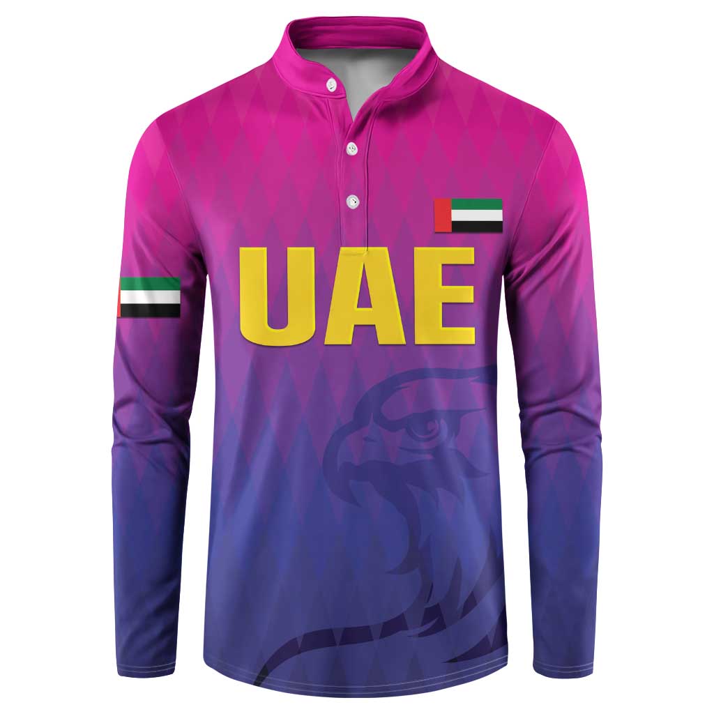 Men's purple and navy button-front sweatshirt with UAE text and flag stripe
