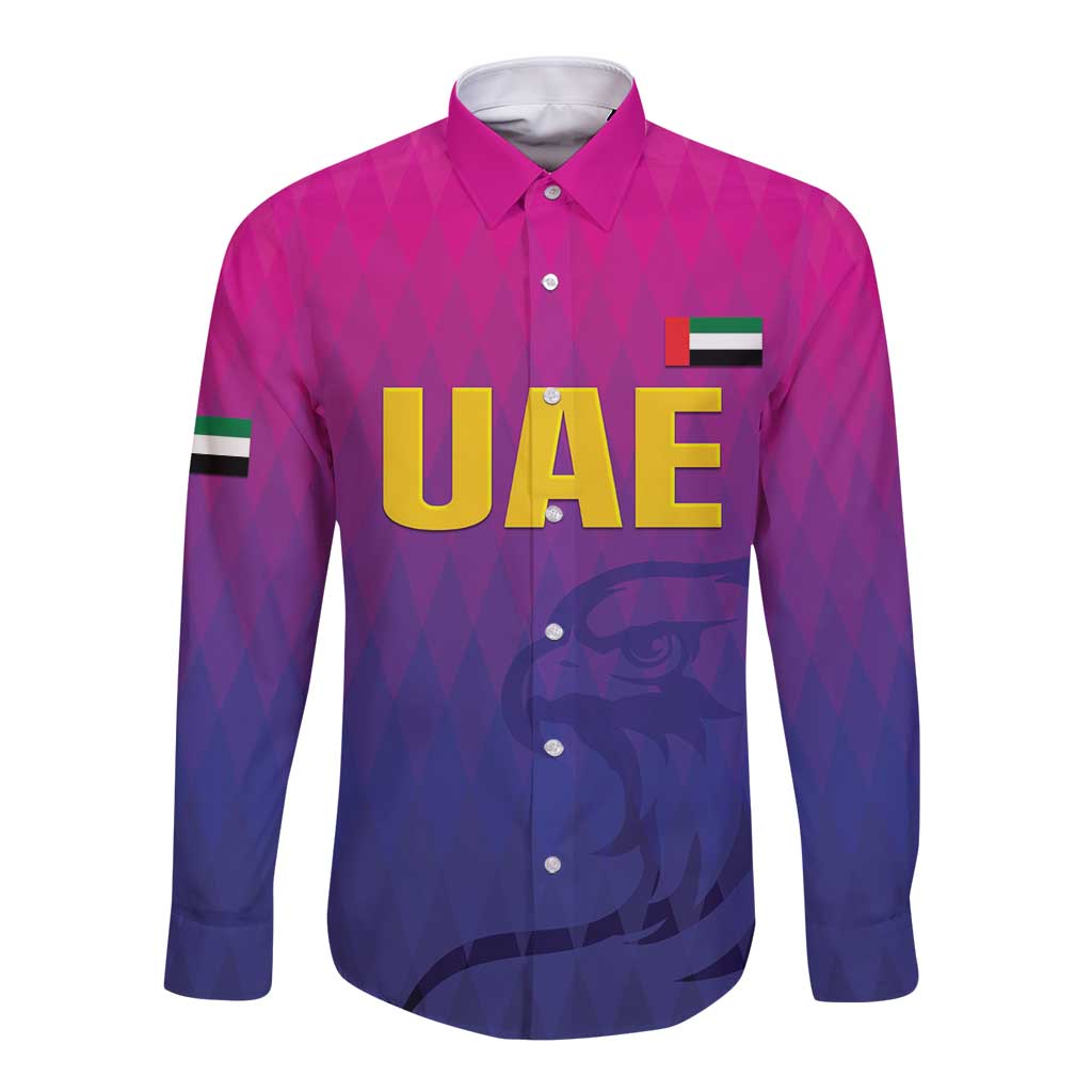 Purple long-sleeve cricket button shirt with UAE graphic and small flag patch on chest