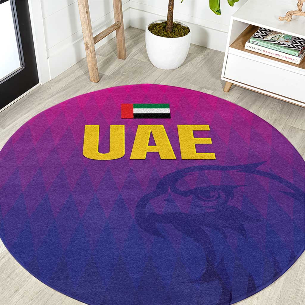 Purple round carpet rug with UAE lettering and flag emblem