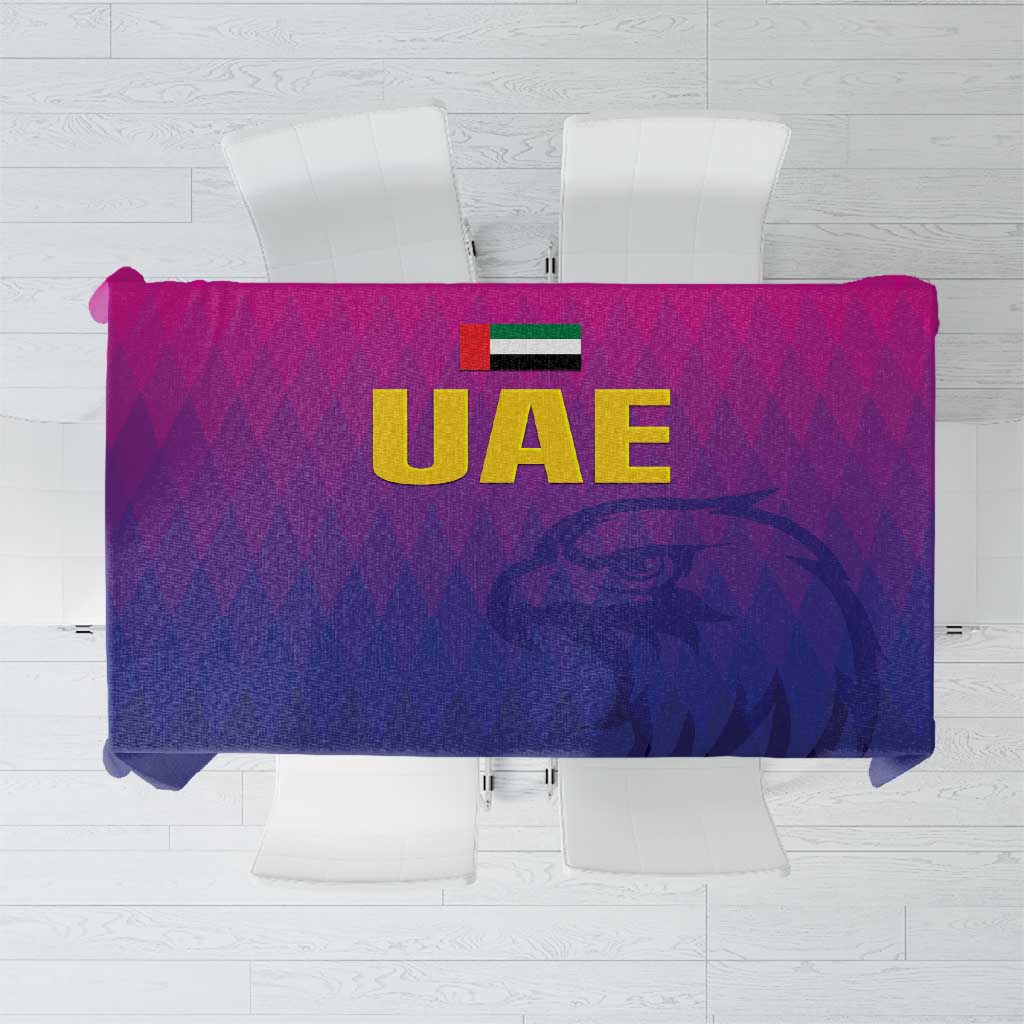 Purple UAE cricket tablecloth, overhead view showing centered UAE text and flag