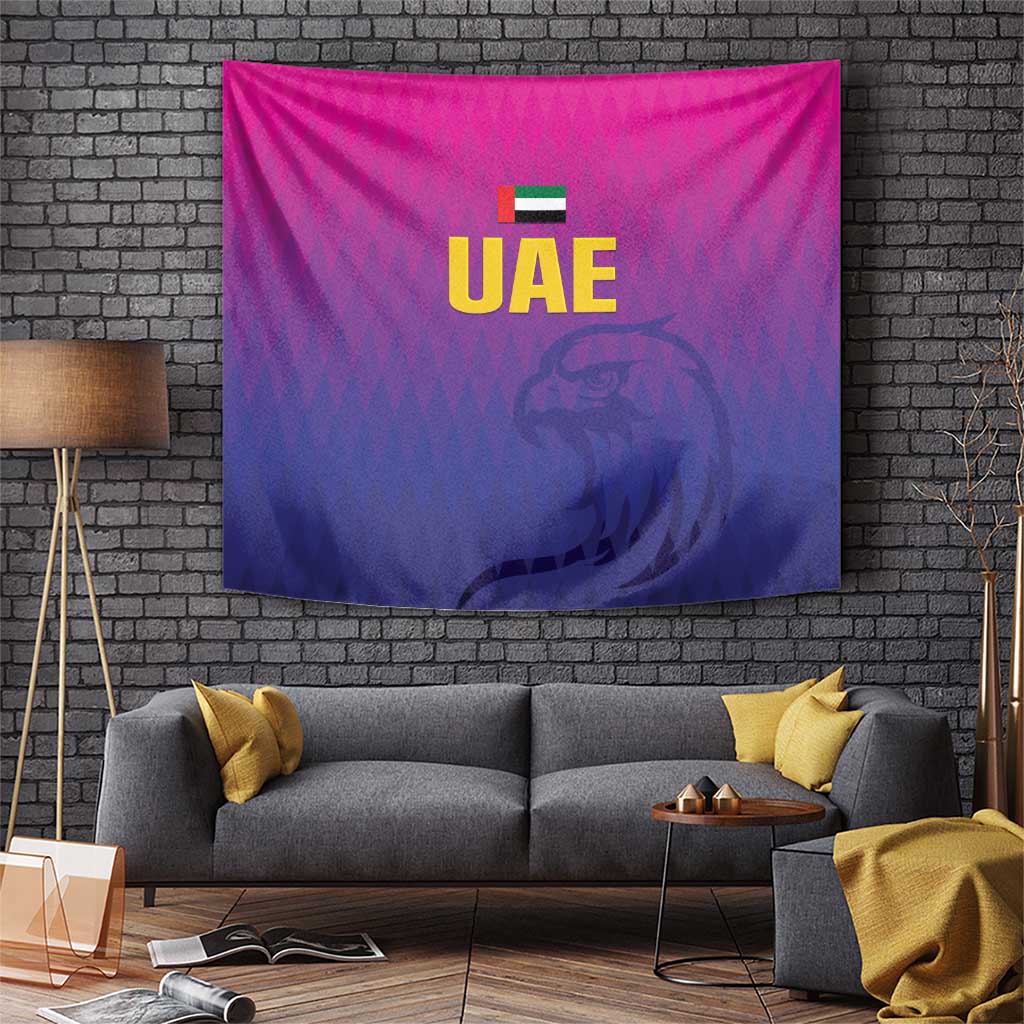 Purple and navy cricket tapestry with UAE letters, small flag, and lion head graphic