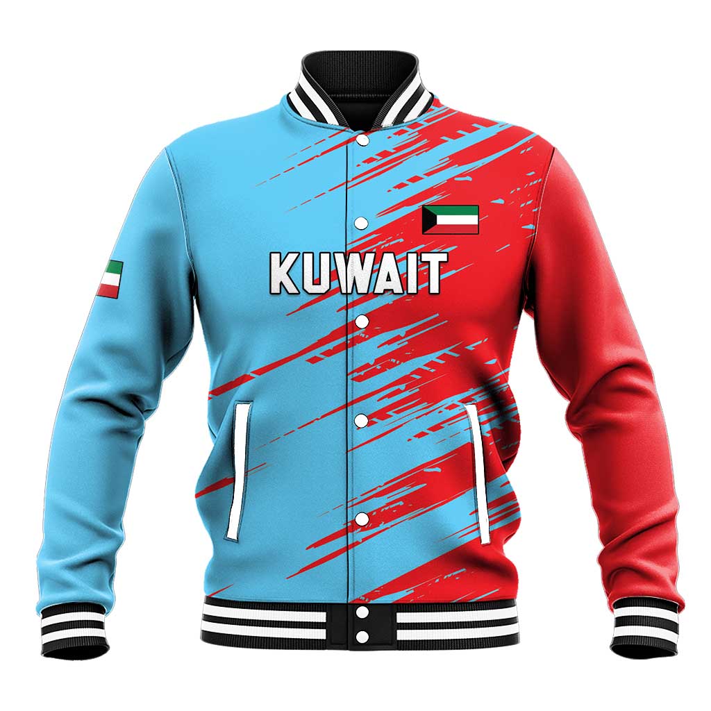 Unisex baseball jacket with red and light-blue digital graphic, Kuwait text, snap front
