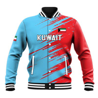 Unisex baseball jacket with red and light-blue digital graphic, Kuwait text, snap front