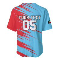 Light blue and red cricket baseball jersey back with YOUR TEXT 05 graphic and flag patch