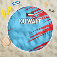 Light blue round beach blanket with KUWAIT text, Kuwait flag and red geometric print, fringed edge