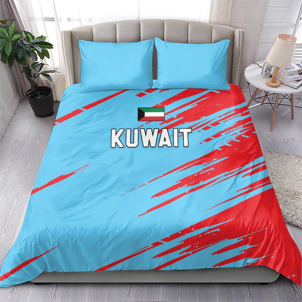 Blue and red Kuwait bedding set with two matching pillowcases and KUWAIT text on duvet.