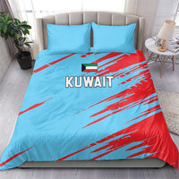 Blue and red Kuwait bedding set with two matching pillowcases and KUWAIT text on duvet.