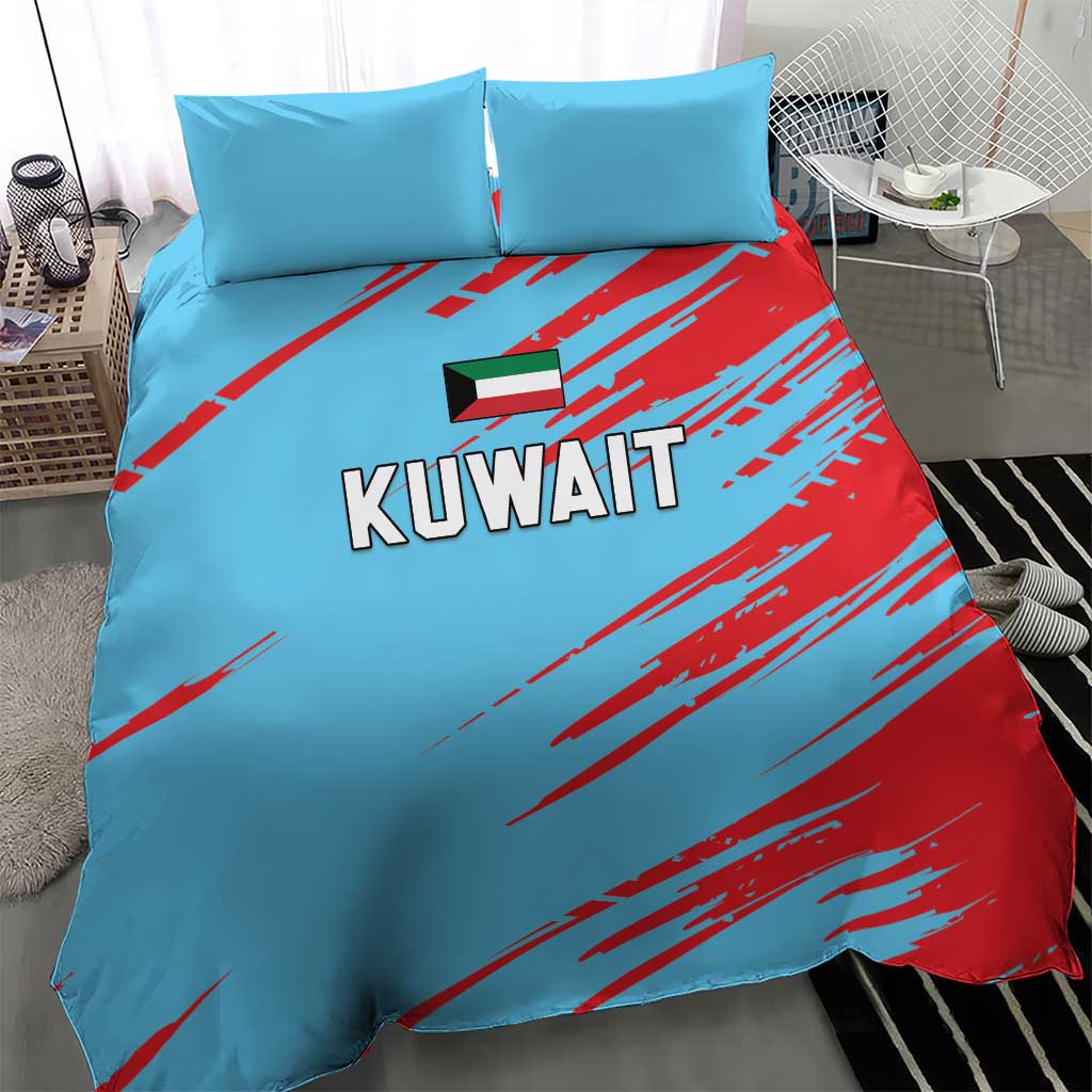 Kuwait-themed blue duvet set with red streaks and 'KUWAIT' on the cover plus pillowcases.