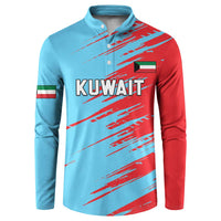 Kuwait cricket button sweatshirt in light blue with red abstract print, button placket