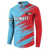 Kuwait cricket button sweatshirt in light blue with red abstract print and front buttons