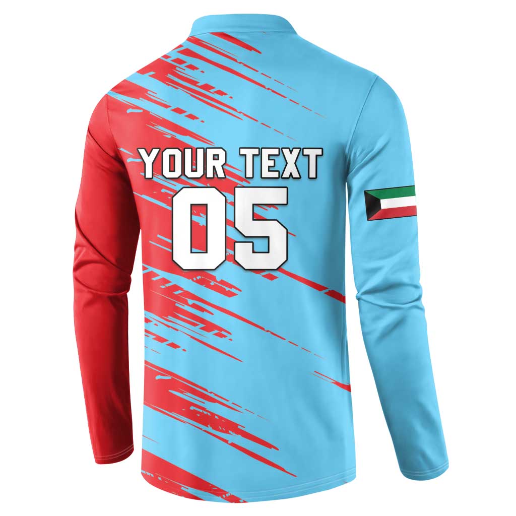 Cricket button sweatshirt back: light blue/red abstract, YOUR TEXT with 05, Kuwait flag