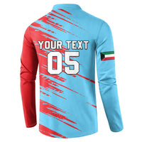 Cricket button sweatshirt back: light blue/red abstract, YOUR TEXT with 05, Kuwait flag