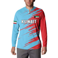 Kuwait cricket button sweatshirt in light blue with red diagonal print and front buttons