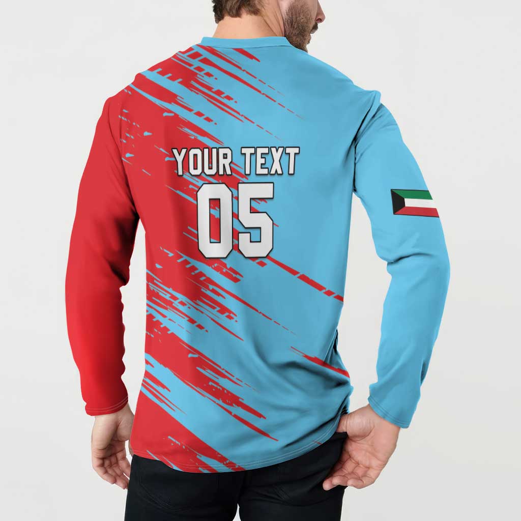 Back view cricket button sweatshirt: light blue with red streak print, YOUR TEXT 05