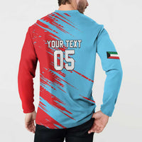 Back view cricket button sweatshirt: light blue with red streak print, YOUR TEXT 05