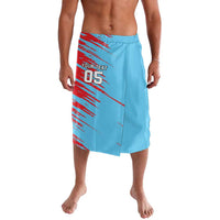 Blue cricket-style lavalava with red stripe graphic and number 05 front
