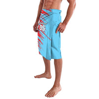 Blue cricket-style lavalava with red abstract design and number 05, angled view