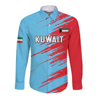Long-sleeve cricket button-up shirt, light blue/red with Kuwait front graphic