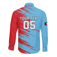 Long-sleeve cricket button-up shirt, light blue/red with Your Text 05 back graphic