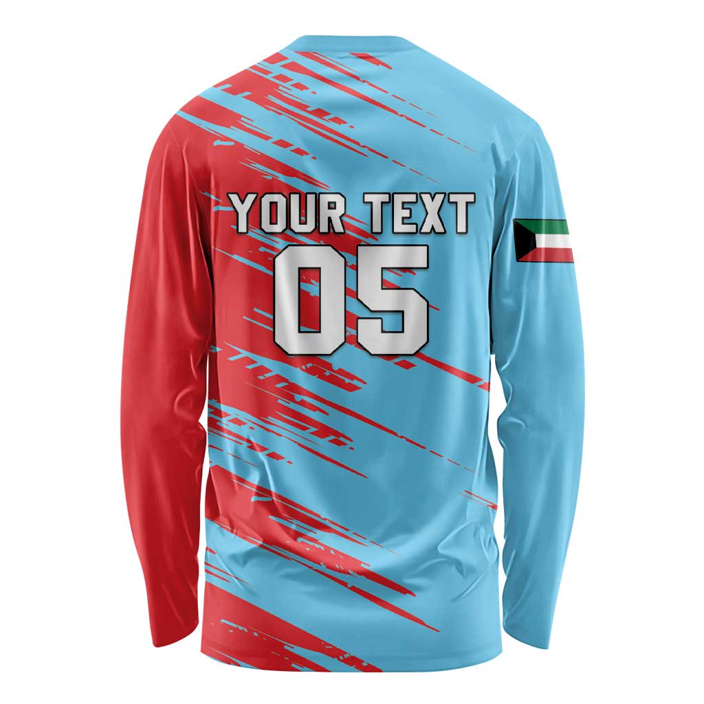 Long-sleeve cricket jersey back with YOUR TEXT 05, Kuwait flag sleeve, blue/red streaks