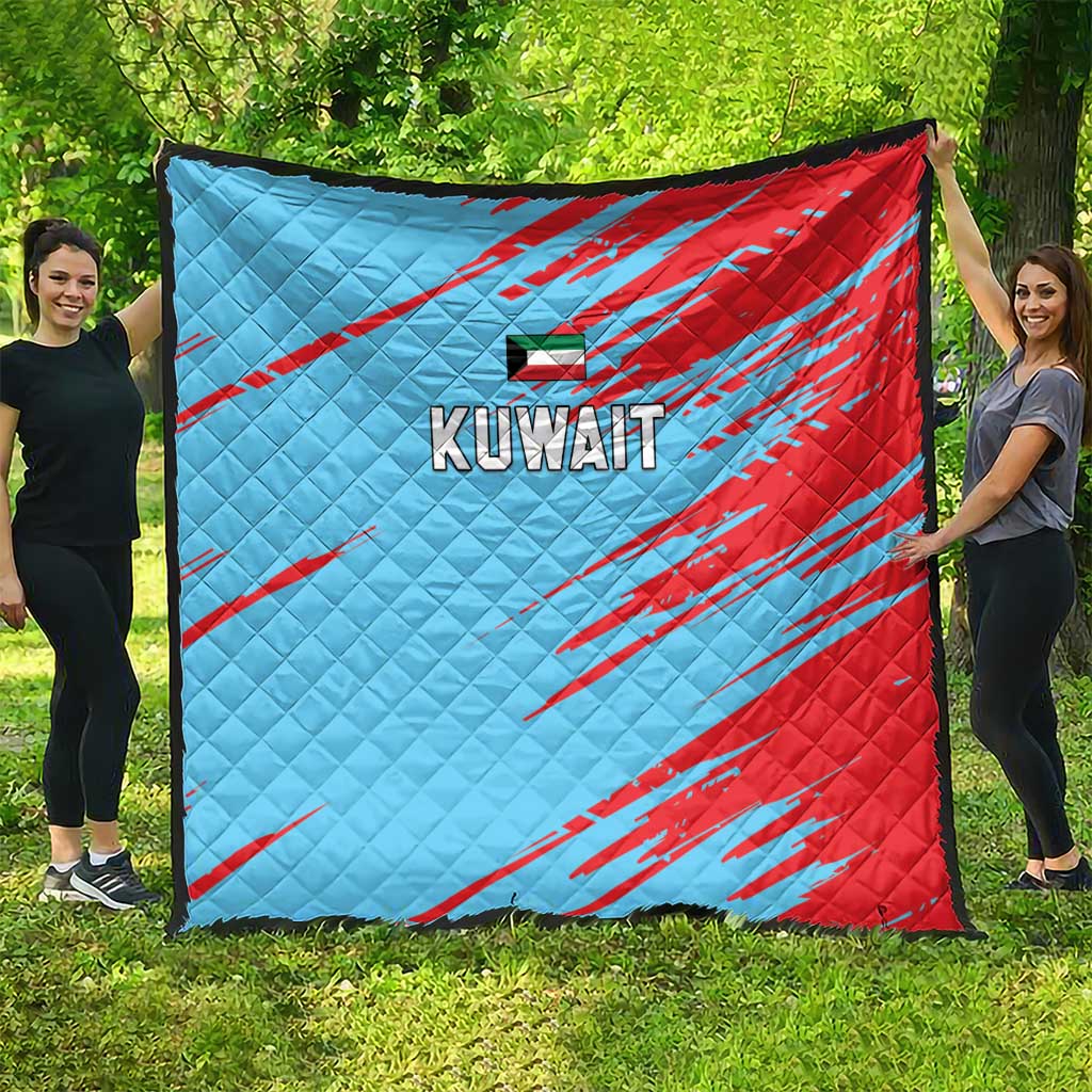 Kuwait cricket quilt, blue and red with diagonal stripe pattern and Kuwait logo.